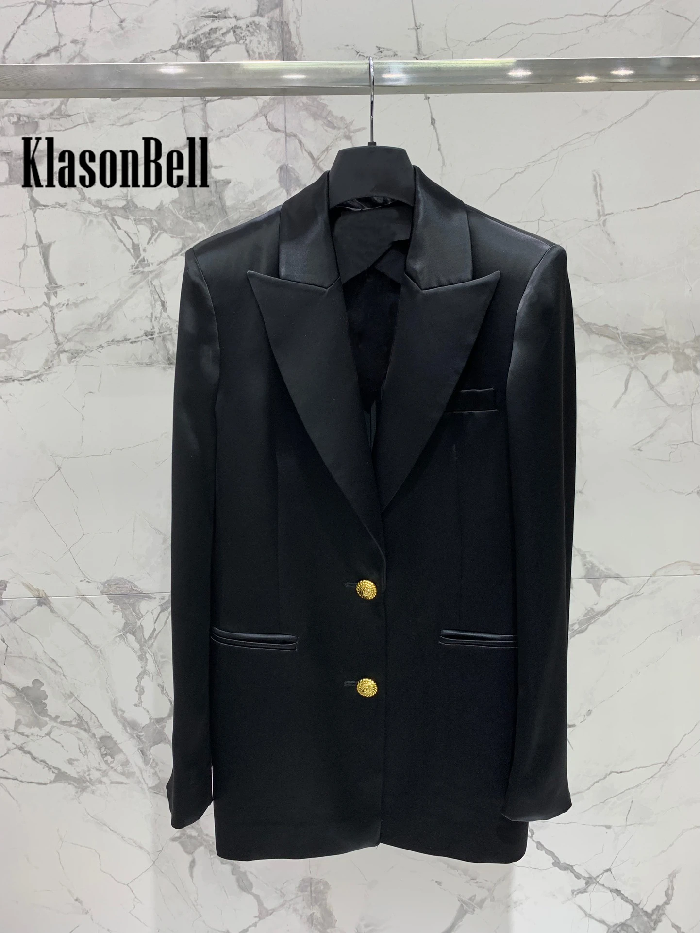 5.27 KlasonBell Temperament Acetate Thin Comfortable Blazer Single Breasted Gold Button Slim Commuter Office Lady Jacket Women