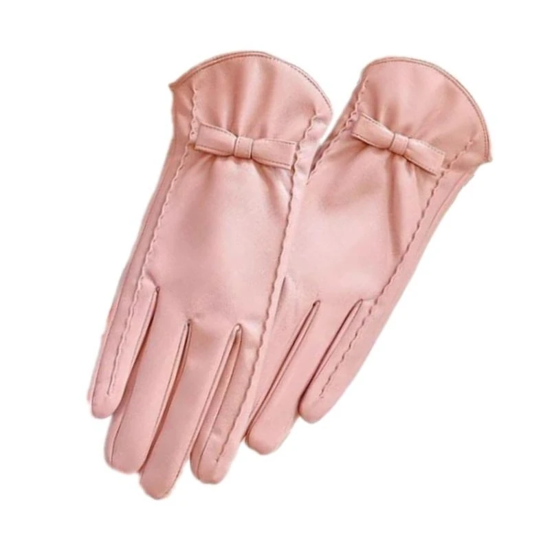 

652F Women's Fleece Liner PU Leather Gloves with Bows for Comfortable and Warmth Cold Weather Windproof Gloves Warm Handwear