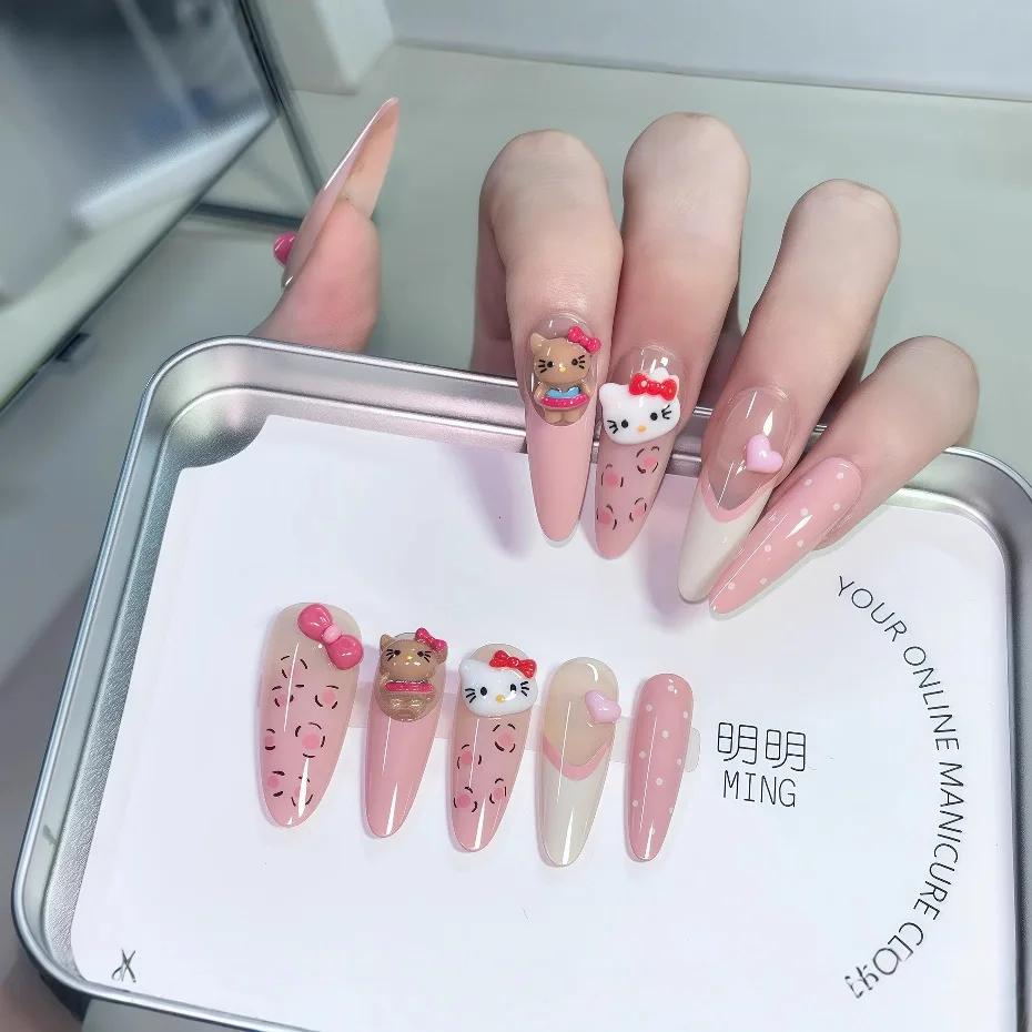 24 pièces 3D Kawaii Hello Kitty rose faux ongles mi-long français Aurora arc Kitty Ballet ongles conseils dessin animé Kitty acrylique faux ongles