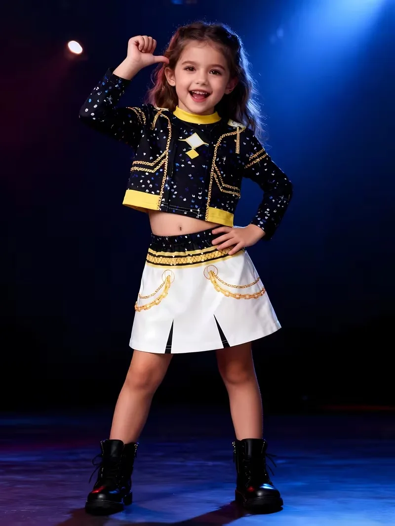 Ensemble 3 pièces filles veste paillettes noire haut court jupe blanche imprimé chaîne dorée enfants