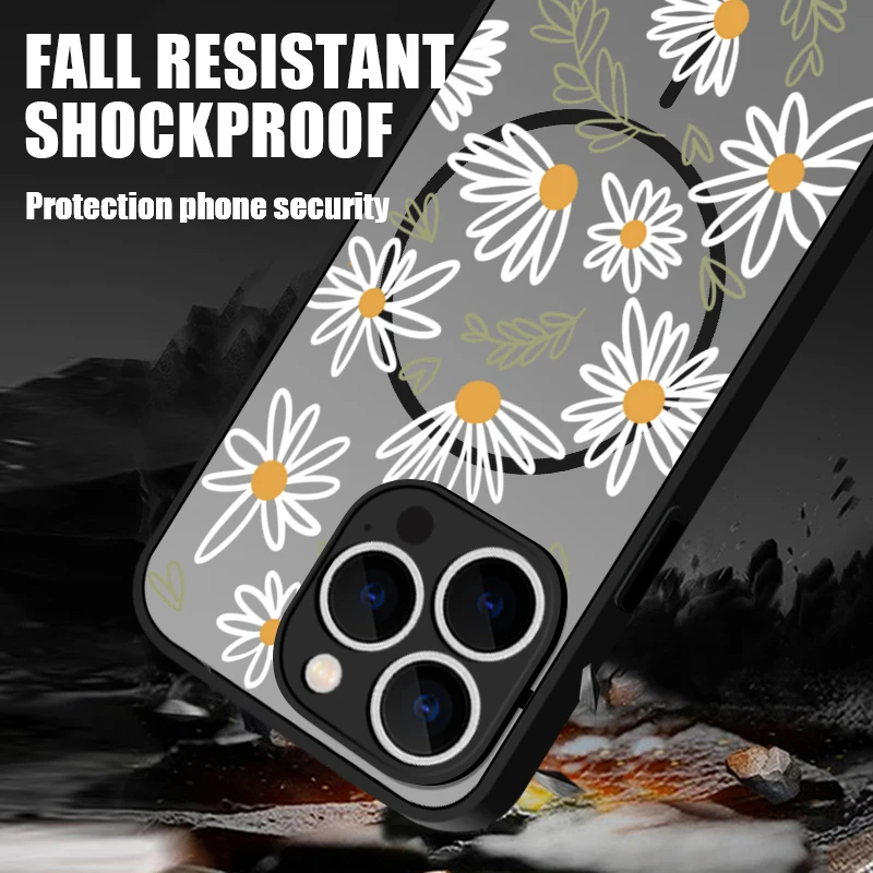 حافظة مغناطيسية صلبة غير لامعة لهاتف آيفون 16e 16 15 Pro Max 14 13 Pro لهاتف Magsafe شحن لاسلكي غطاء هاتف مطبوع عليه زهور صغيرة