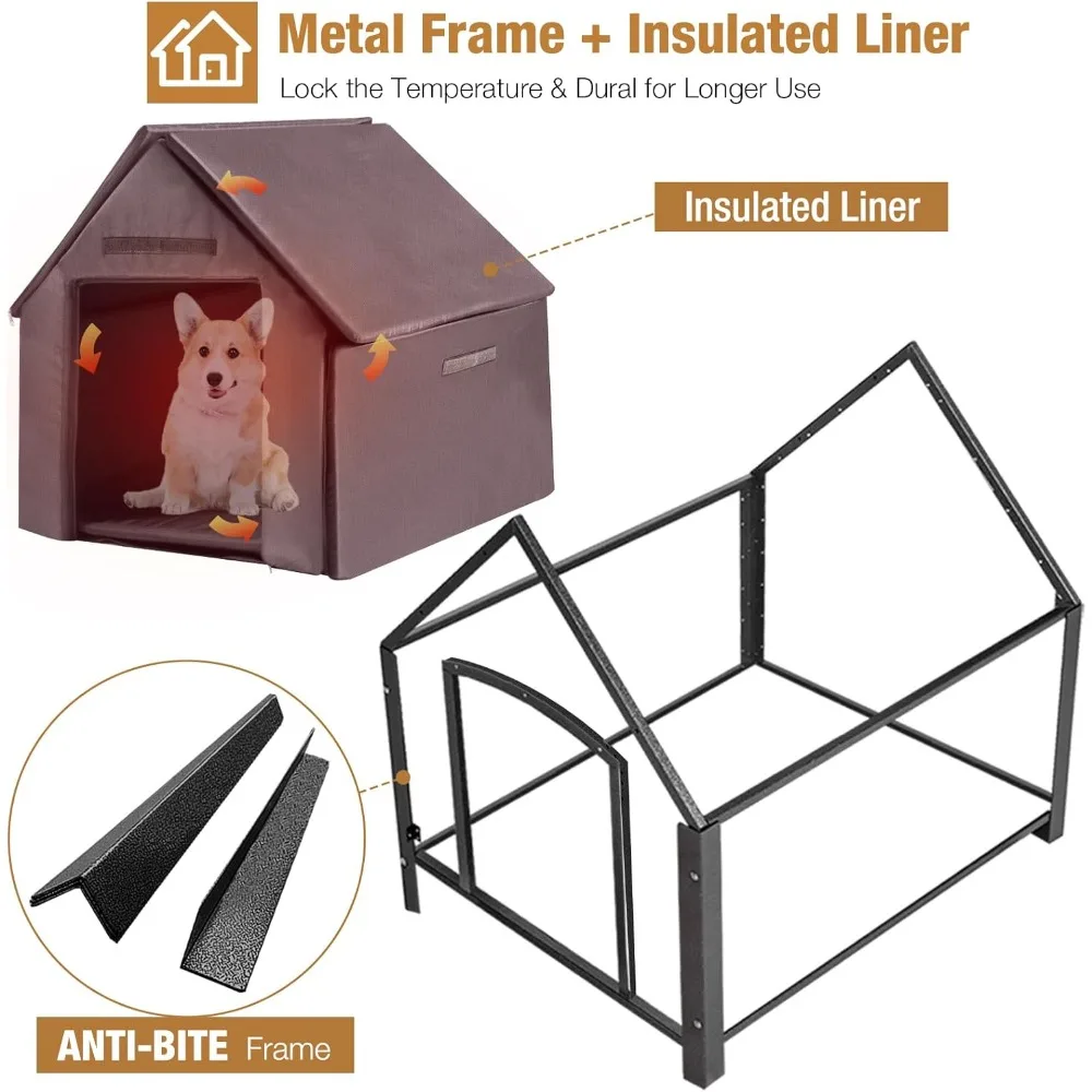 Outdoor Dog House with Insulated Liner, Winter Kennel for Small Medium Dogs, Anti-Biting Metal Frame, Heated Dog House