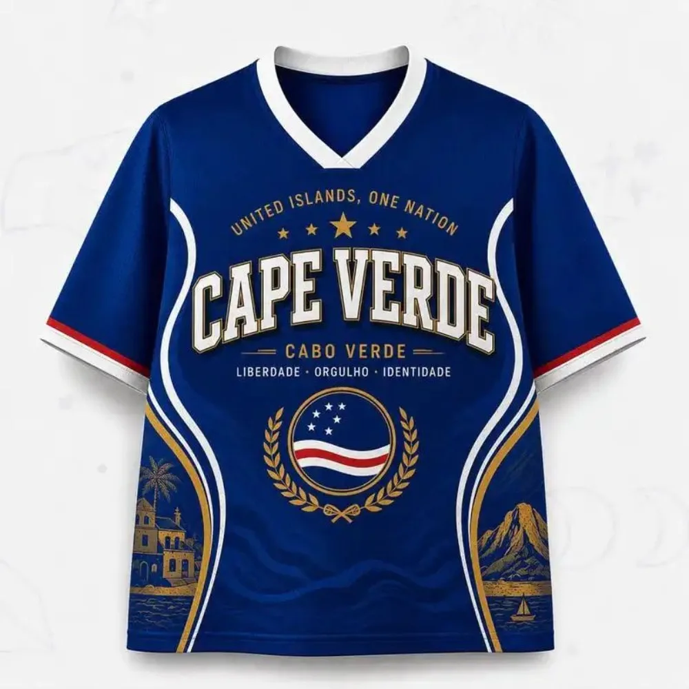 2026 Summer Dark Horse Team Cape Verde Fan Uniform Men's Football Jersey 3D Print Breathable Fashion V-neck Football T-shirt
