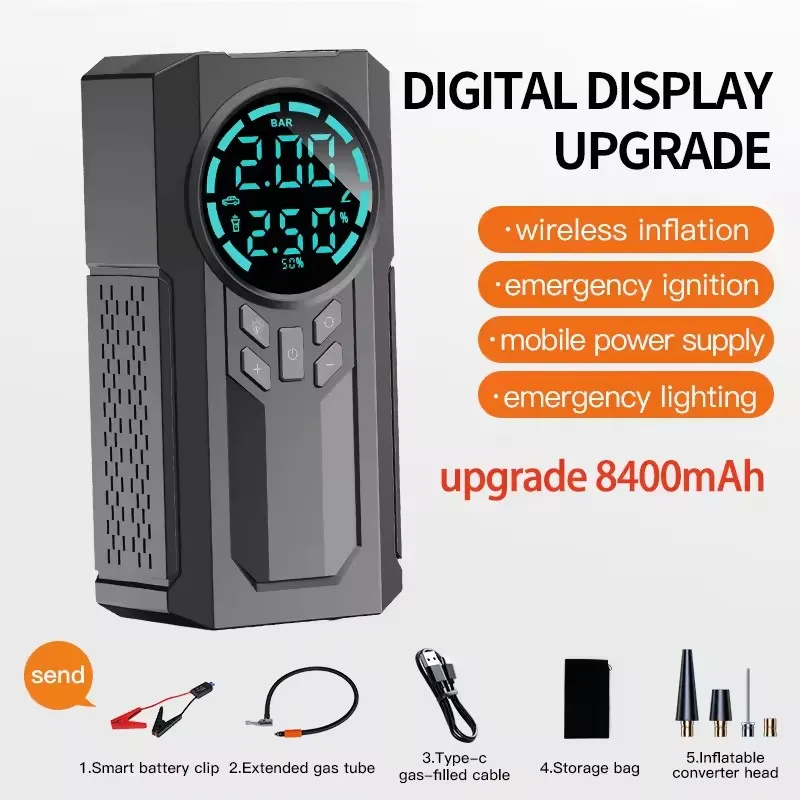 Multifuncional 4 em 1 Jump Starter com Inflador e Power Bank LED Light Jump Starter com Inflator Car Booster com Digital