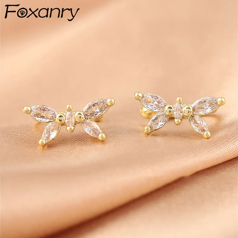 Foxanry Butterfly Geometric Zircon Clip Earrings For Women Girls New Trendy Creative Design Elegant Wedding Bride Jewelry Gifts