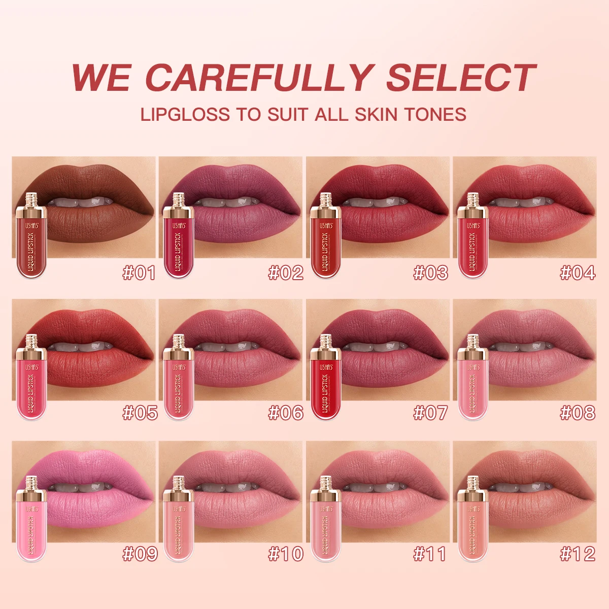 USHAS 12 Color Sexy Lip Gloss Moisturizing and Long-lasting Liquid Lipstick Easy-coloring, Gives Lips a Fuller Smoother Look