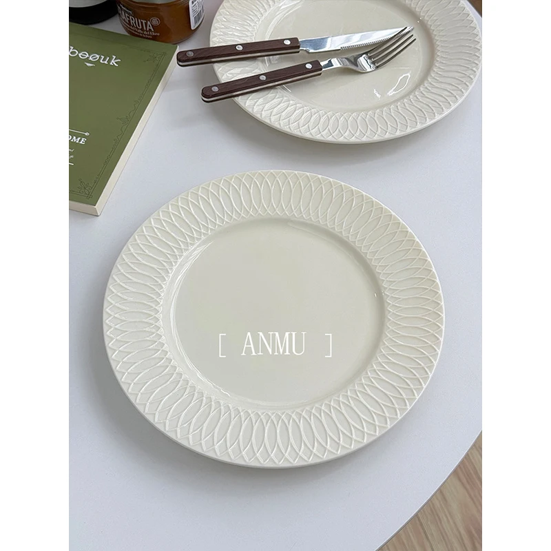 French Style Relief Ceramic Plates 2026 New Household Light Luxury Round Dinner Tableware Exquisite High End Beef Steak Dish