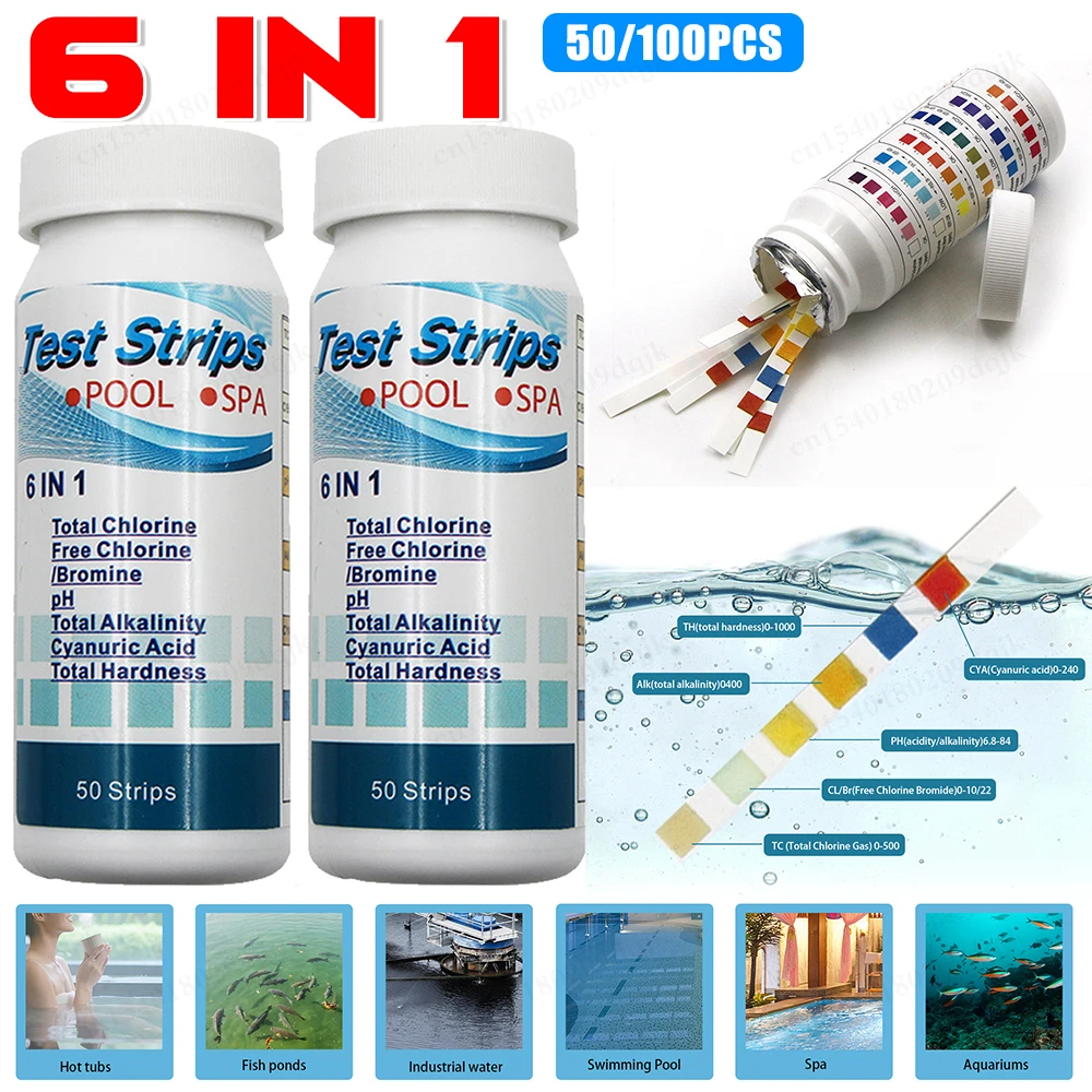 50/100 Pcs 6 In 1 Multipurpose Chlorine PH Test Strips SPA Swimming Pool Water Tester Paper Chlorine/PH/Bromine Measure Paper