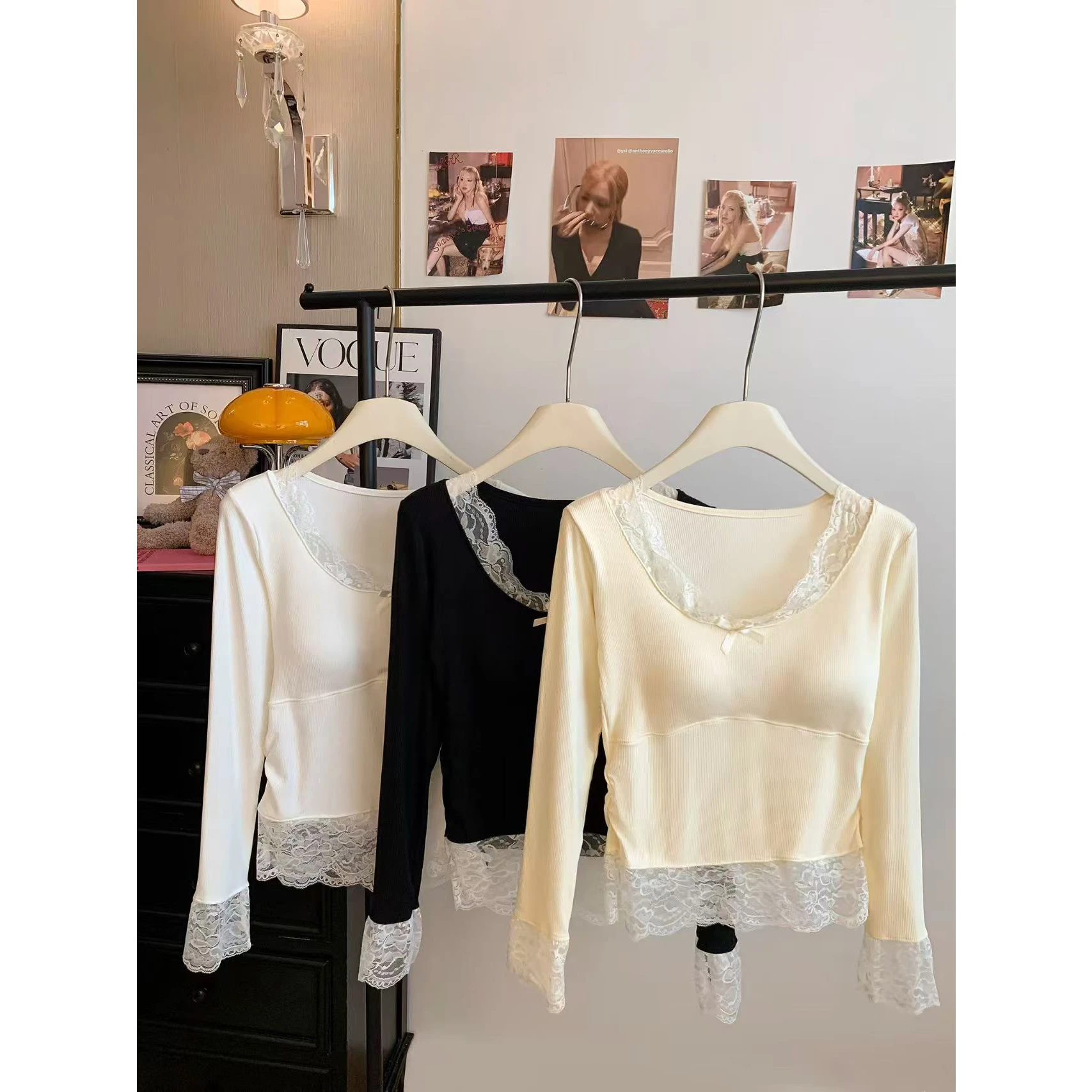 Removable Chest Pad Spicy Girl Lace Splice V-Neck Long Sleeve T-Shirt Women  Knot Slim Fit Inner Wear Base Shirt Top