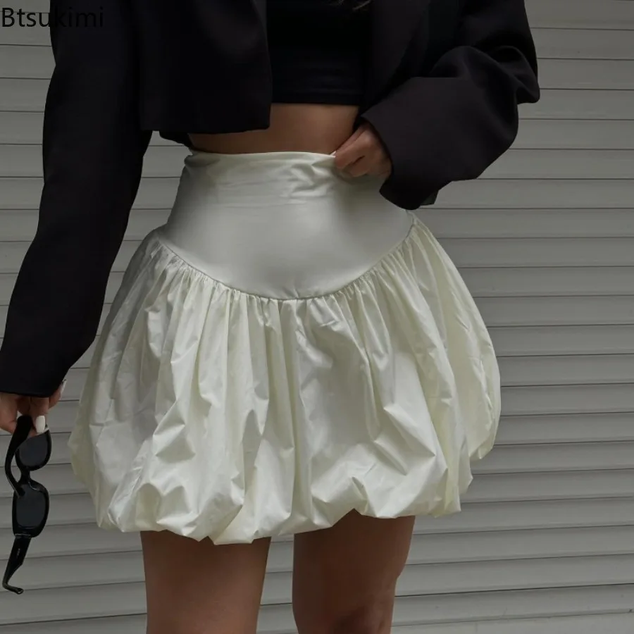 2026 Women's Autumn White Flower Bud Shorts Skirts New Fashion Street Solid Simple Lantern Gown Mini Slim-fit Skirts Streetwear