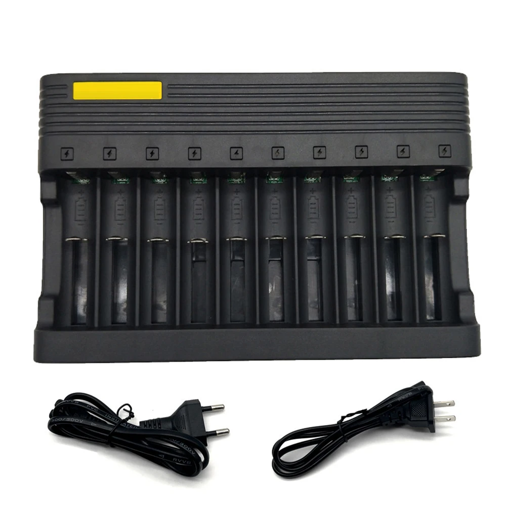 10 Slots Battery Charger Indicator Light for 18650 26650 25500 16340 14500 10440 17500 Rechargeable Batteries EU US Plug Charger
