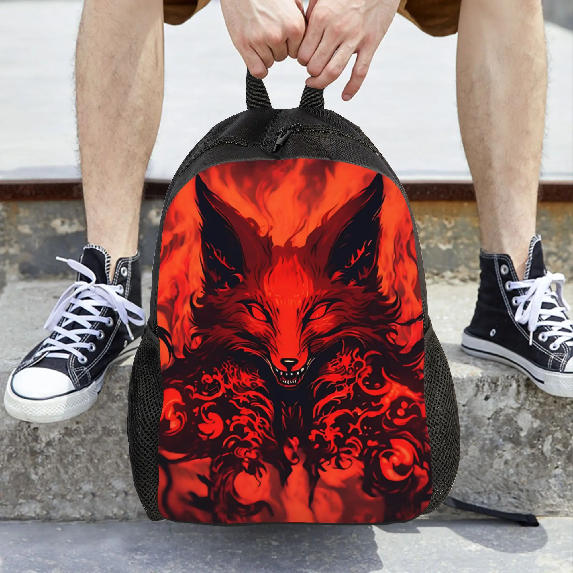 Fashion Halloween Print Dark Fox Flame Texture Art Print backpack  mochila High Street Camping Retro Washable Rucksack