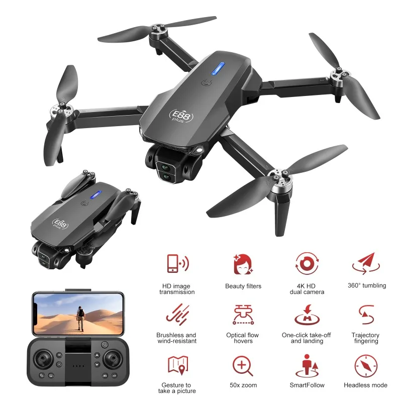 E88 Plus RC Quadcopter Drone with 90° Adjustable Camera - Brushless Motors, Optical Flow, Ideal RC Toy