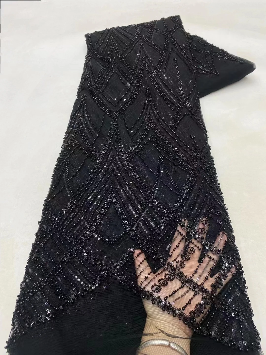 

Luxurious Black Heavy Beads African Lace Fabric 2024 High Quality Sequins Beaded French Nigerian Lace Fabric For Dress KXX24125