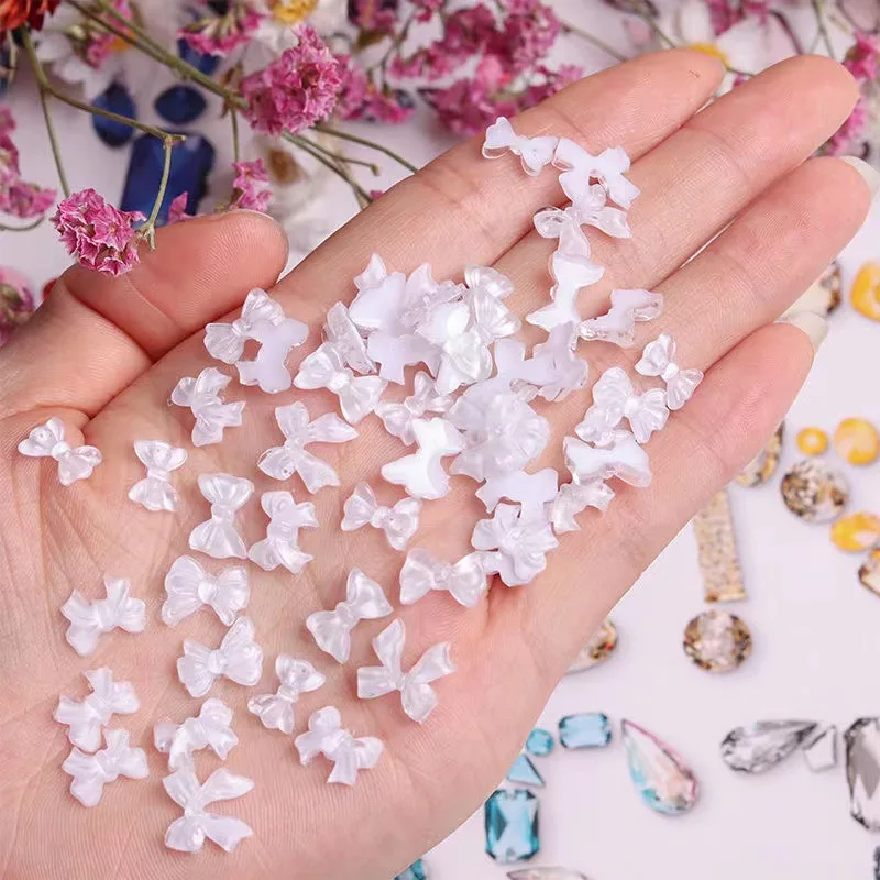 50PCS White Ice Transparent Resin Nail Art Bow Charms 3D Bow-knot Kawaii Nail Decoration Accessories Manicure Supplies Tool