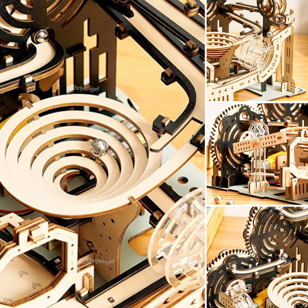 3D Wooden Puzzle Building Model Kit Electric Motorized Marble Run STEM Educational Construction Toys for Kids Adults Gifts