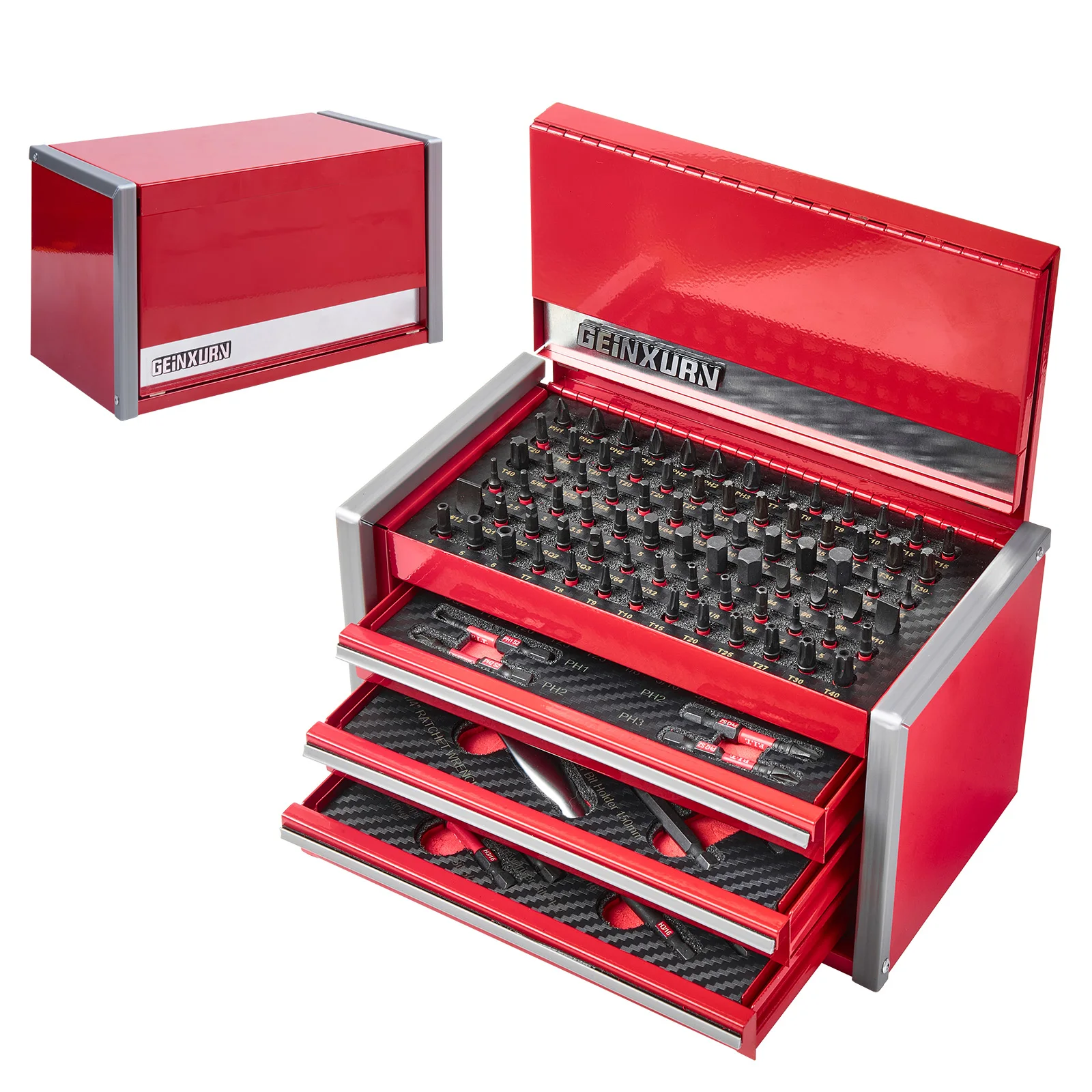 Geinxurn, set di 100 punte per cacciavite (rosso), con punta per avvitatore a impulsi, mini cassetta portautensili in metallo con 4 cassetti e vassoio in schiuma EVA, chiusura magnetica per lavori di