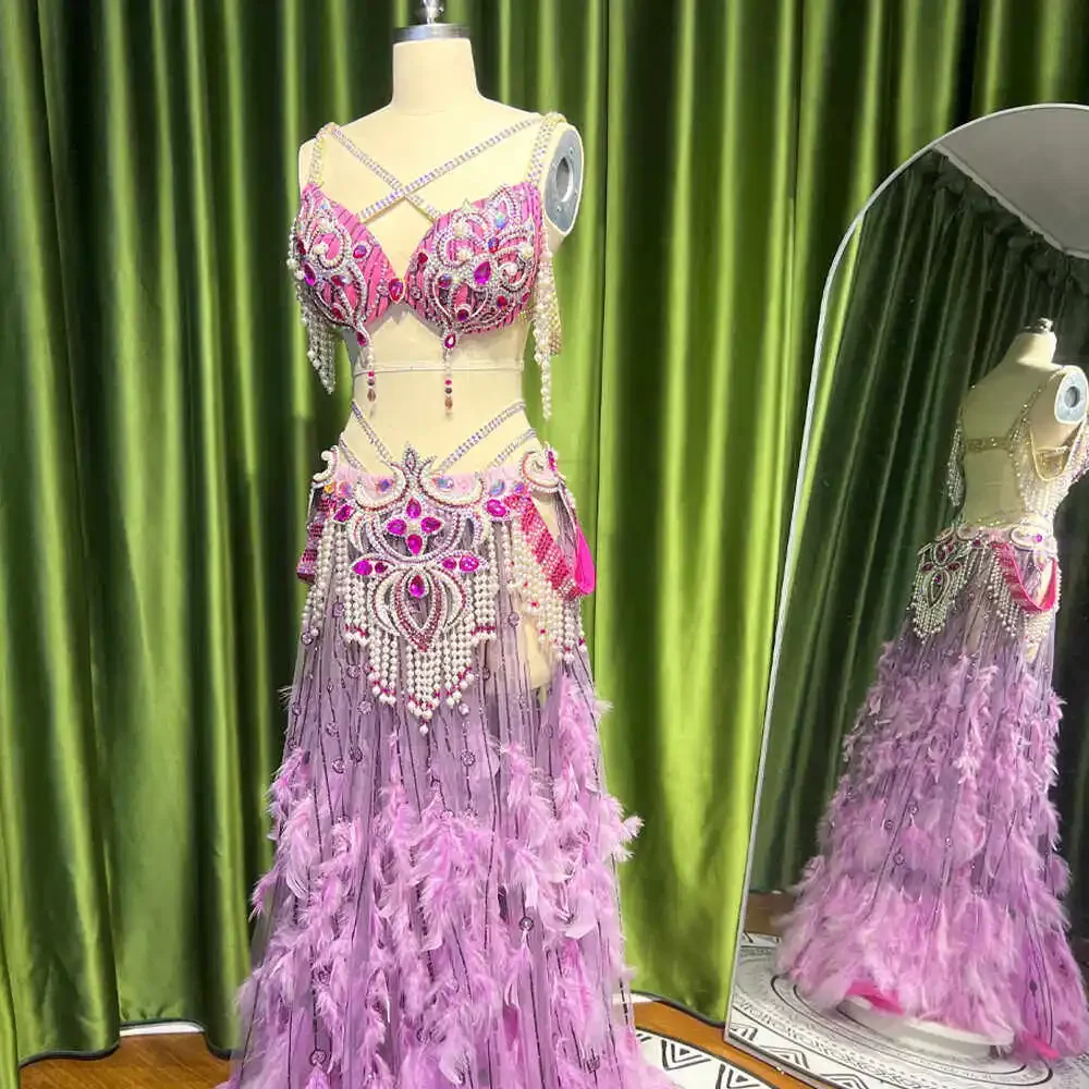 Luxury Pink Belly Dance Costume for Women, Rhinestone Bra & Belt with Feather Skirt, Professional Stage Performance Competition