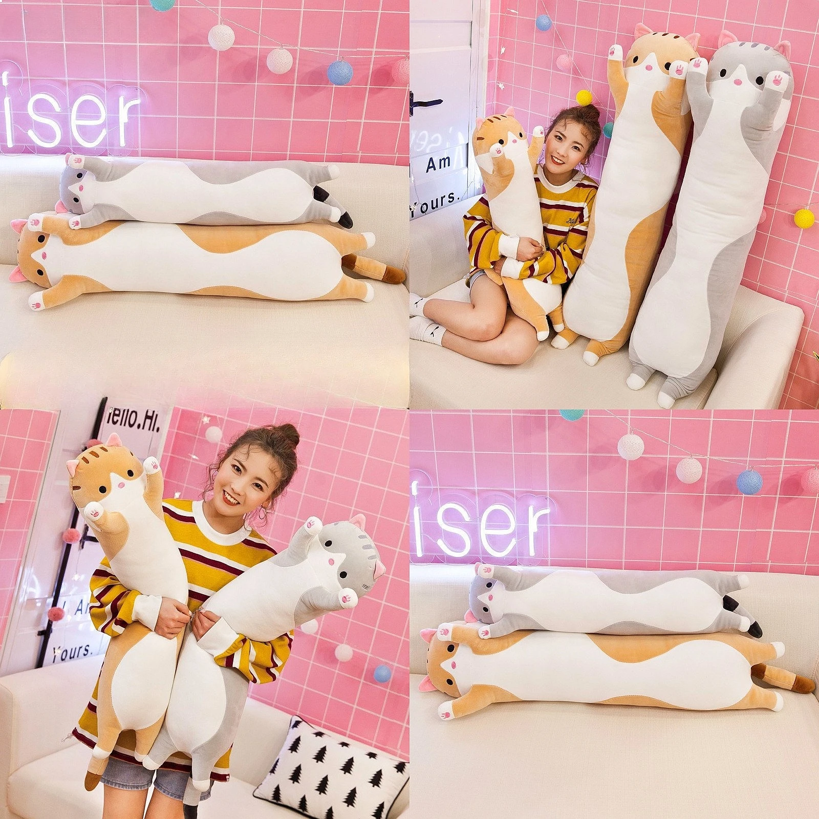 Cozy Washable Long Cat Plush Pillow Toy Stuffed Animal Gift for Kids Cute Cartoon Soft Hugging Pillow