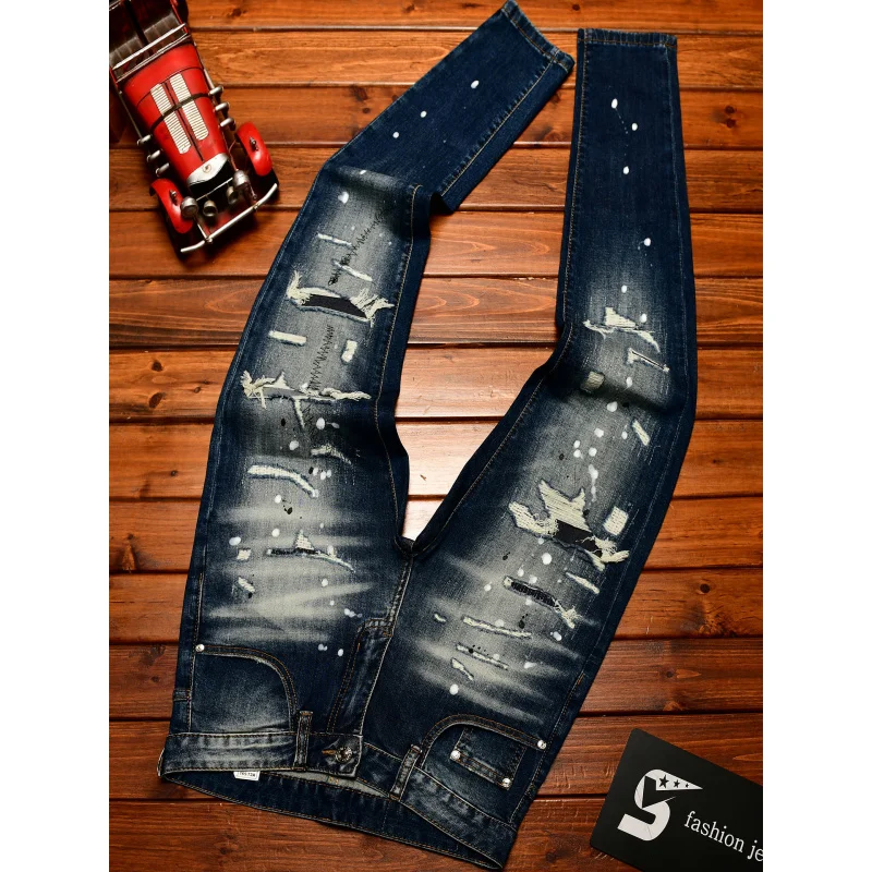 High end nostalgic jeans for men, slim fit with small holes, patches scraped, inkjet street trend, elastic retro denim pants view 2