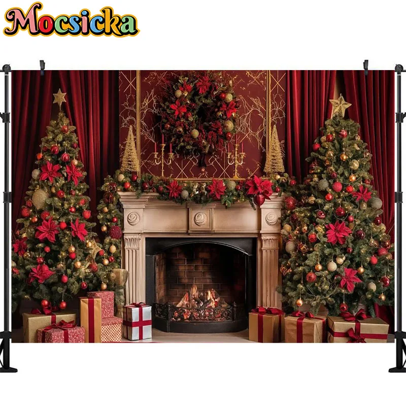 Mocsicka Photography Background Brick Wall Fireplace Wood Fire Flame Decor Baby Portrait Christmas Party Backdrop Photo Studio