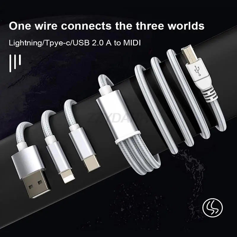 3 in 1 Midi Cable USB C/USB A/Lightning to USB B Piano Cable OTG Compatible with HP Canon Brother Yamaha Piano MIDI Controller