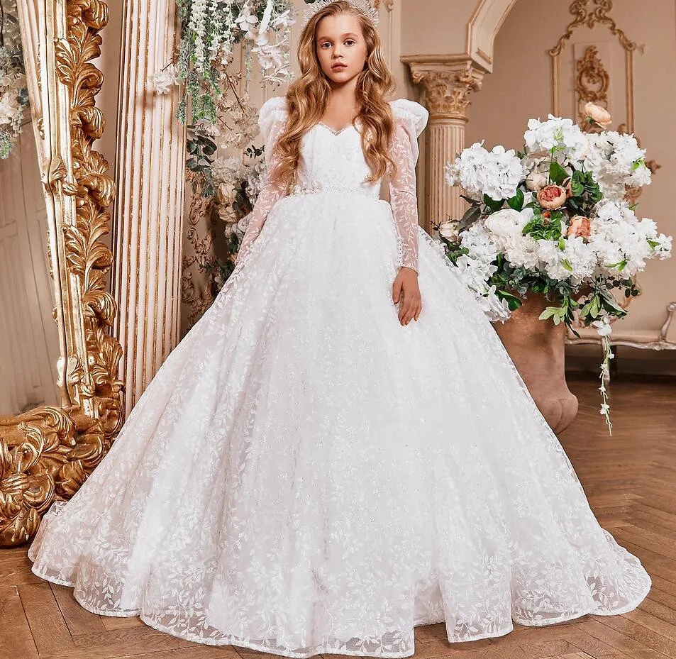 Vestidos de flores blancas de lujo para niñas, vestidos de desfile de primera comunión para bodas, Apliques de encaje de Organza esponjosa