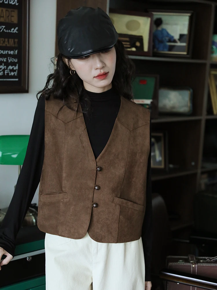 

Blj Faion Suede Deep Brown Retro Jaet Vest Women's V-ne Versatile Hong Kong Sle Vest Top Trendy ort Length Single B...