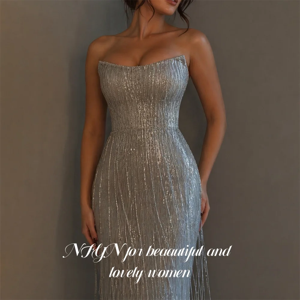 NFYN Sliver Evening Dress Strapless Sleeveless Prom Dress Glitter Sequin Tassel  Party Dress Gala Dress for Women Customized image 3