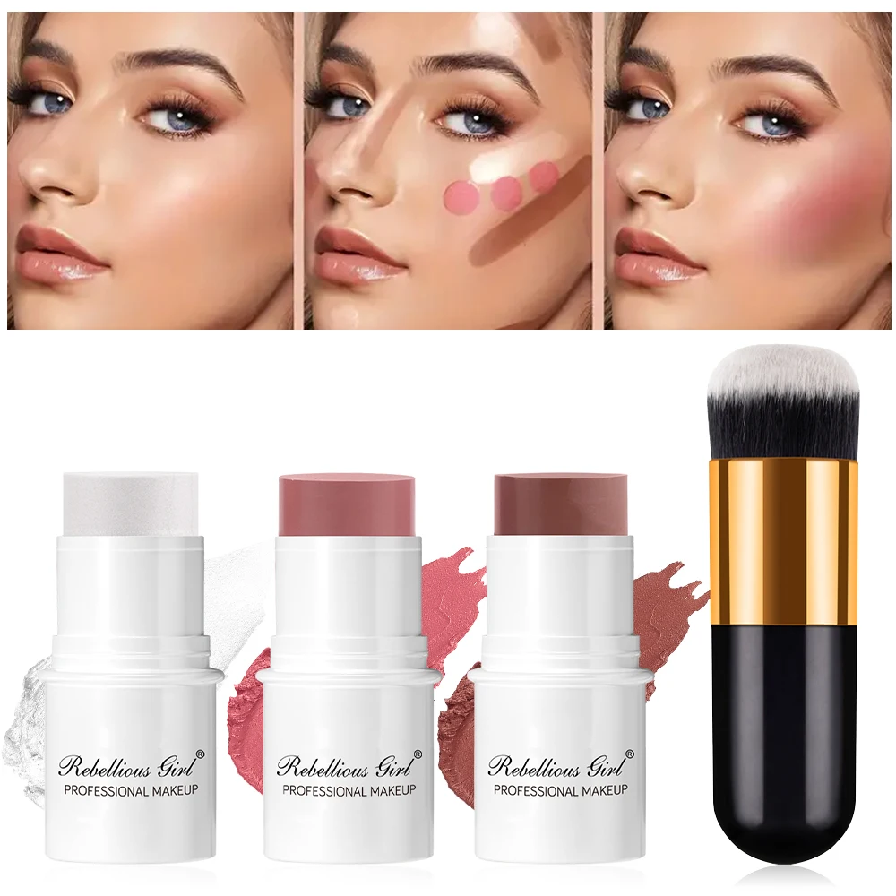 Rebellious Girl 3Pcs Cream Blush Highlighter Contour Stick Set with Makeup Brush, Long Lasting Multifunctional Face Makeup Sticks for Natural Cheek Shading
