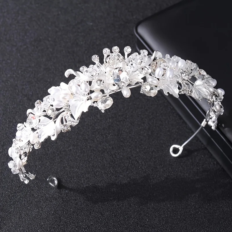 Silver Color Pearl Crystal Crown Headband Flower Rhinestone Gold Tiara Diadem Party Women Bride Wedding Hair Accessories Jewelry