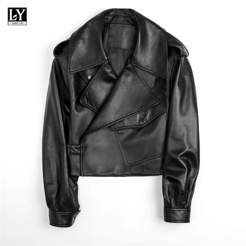 LY VAREY LIN 2022 Spring Women Biker Jacket Pu Leather Jacket Casual Outwear  Black Short Loose Soft Faux Leather Jacket Lady