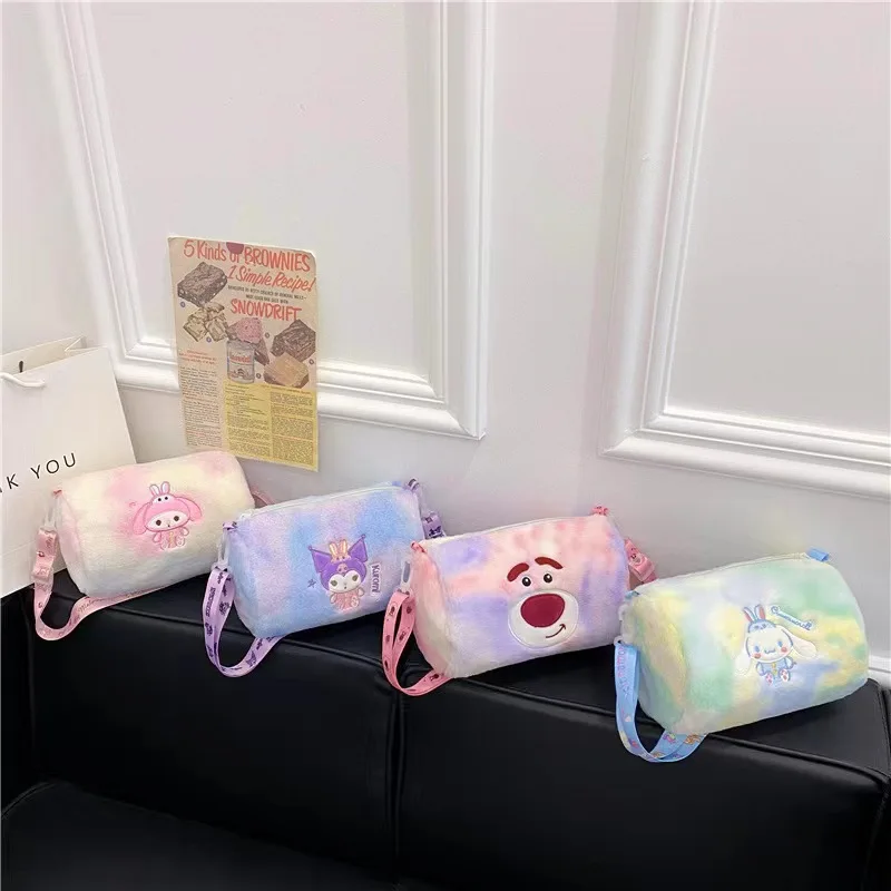 New Sanrio Cinnamoroll Plush Cartoon Bag Kuromi Cylinder Bag My Melody Plush Bag Chroma One Shoulder Slant Cross Student Handbag