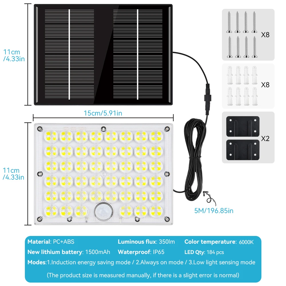 Solar Light Oudoor 184 LEDs Integrated Super Bright Motion Sensor Solar Wall Light Strong Power IP65 Solar Garden Light With 3 M