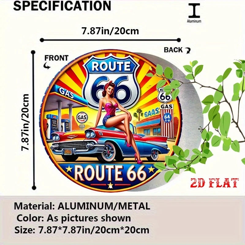 2D Flat 1pc Gas Station Art Round Aluminum Sign, Iconic Road Trip Metal Tin Sign -  Pinup Style Rustic Metal Wall Art, Route 66