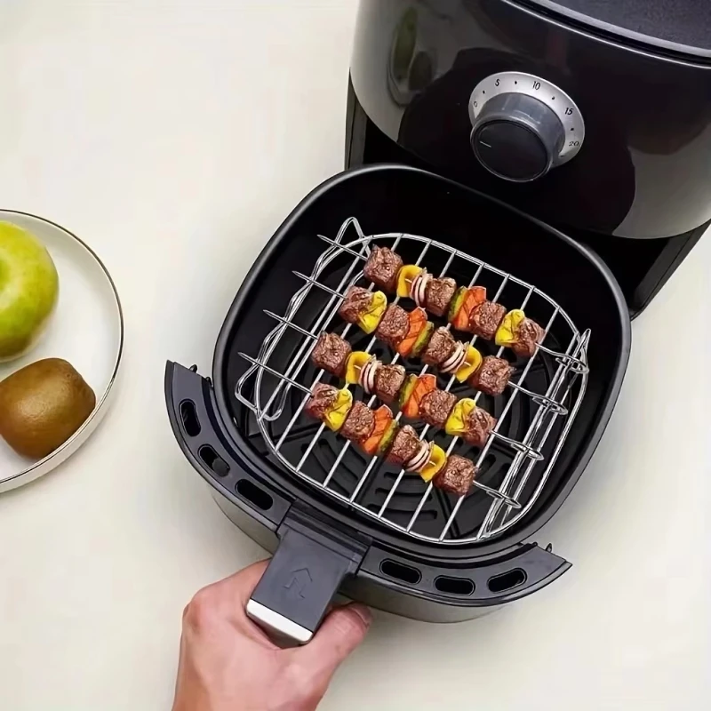 2026 Stainless Steel Air Fryer Rack Double Layer Airfryer Oven Grill Rack with 4 Skewers Air Fryer Accessories Dishwasher Safe