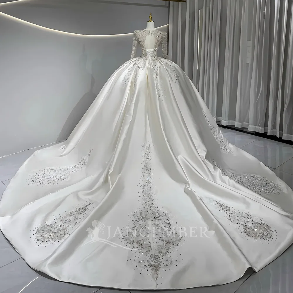 Customized O-Neck Sequin Long Sleeves White Wedding Dress Ball Gown Floor Length Court Train Lace Up Bridal Gown suknia ślubna