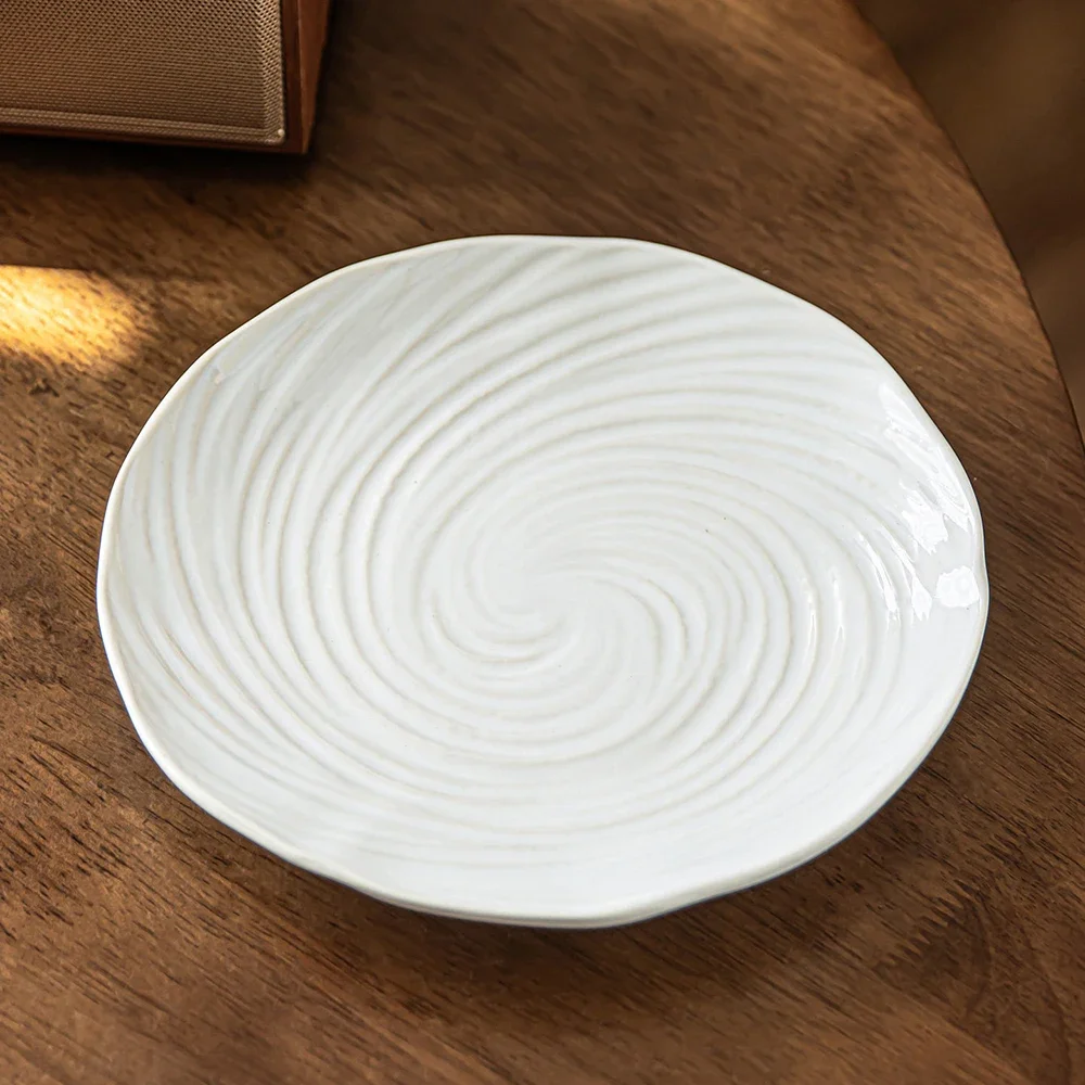 Ceramic Threaded Flat Plate Creative European Style Solid Color Retro Home Tableware Dessert Cake Plates Snacks Fruit Dish