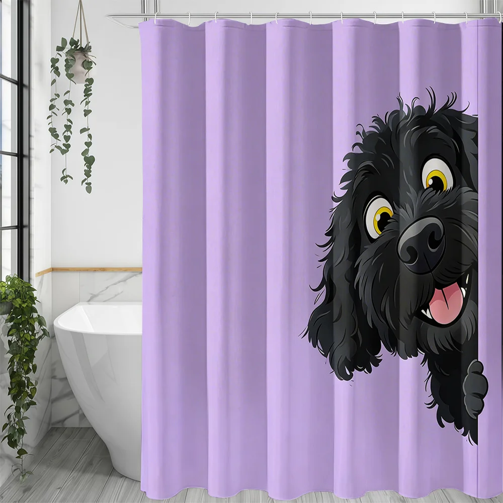 1pc Shower Curtain with Black Curly-Haired Dog Peeking Pattern, Cute Home Decor Bathroom Curtain, Includes 12 Hooks, Suitable fo