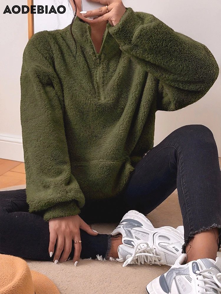 

AODEBIAO Women Hairy Hoodie Coat Autumn Winter Long Sleeves Fashion Loose Coat Top Casual Streetwear Keep Warm Solid Long Hoodie
