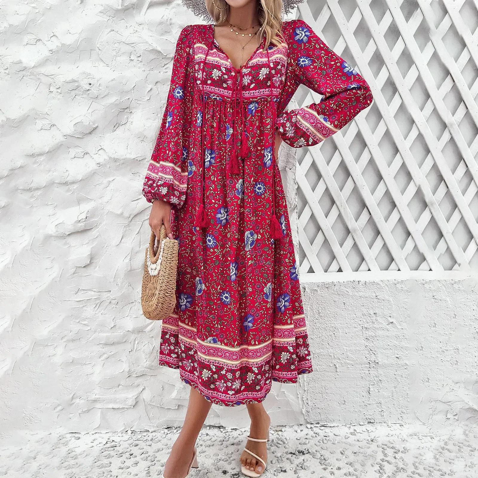 Women Boho Beach Dress Summer New Printed Lace Up Lady's Long Sleeve Dress Loose Holiday Beach Long Dress Vintage Maxi Dresses