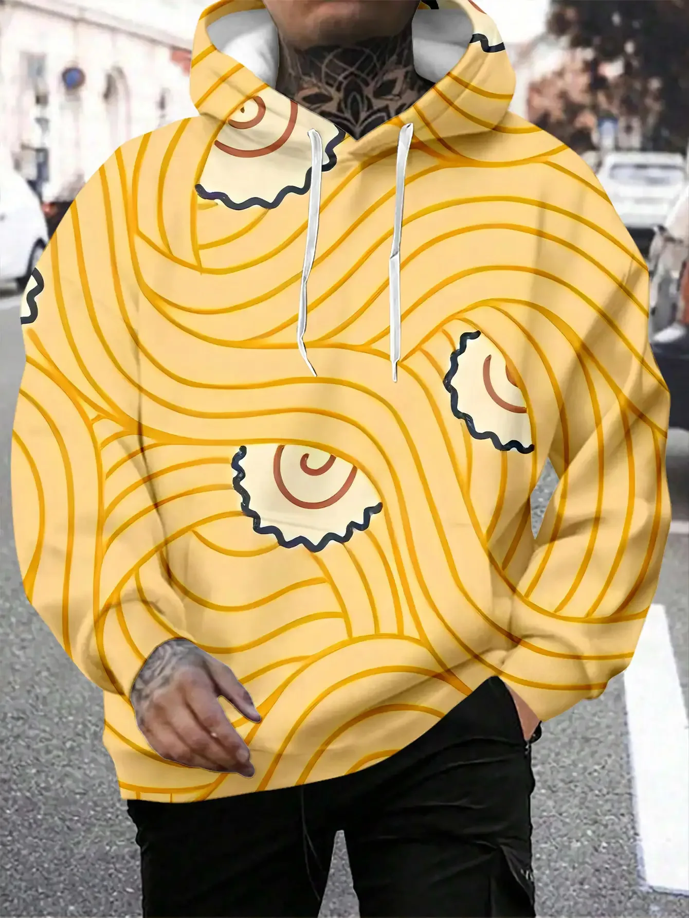 Men Cartoon Spiral Noodle Pattern 3D Print Hoodie Yellow Swirl Graphic Long Sleeve Pullover Sweatshirt With Pocket