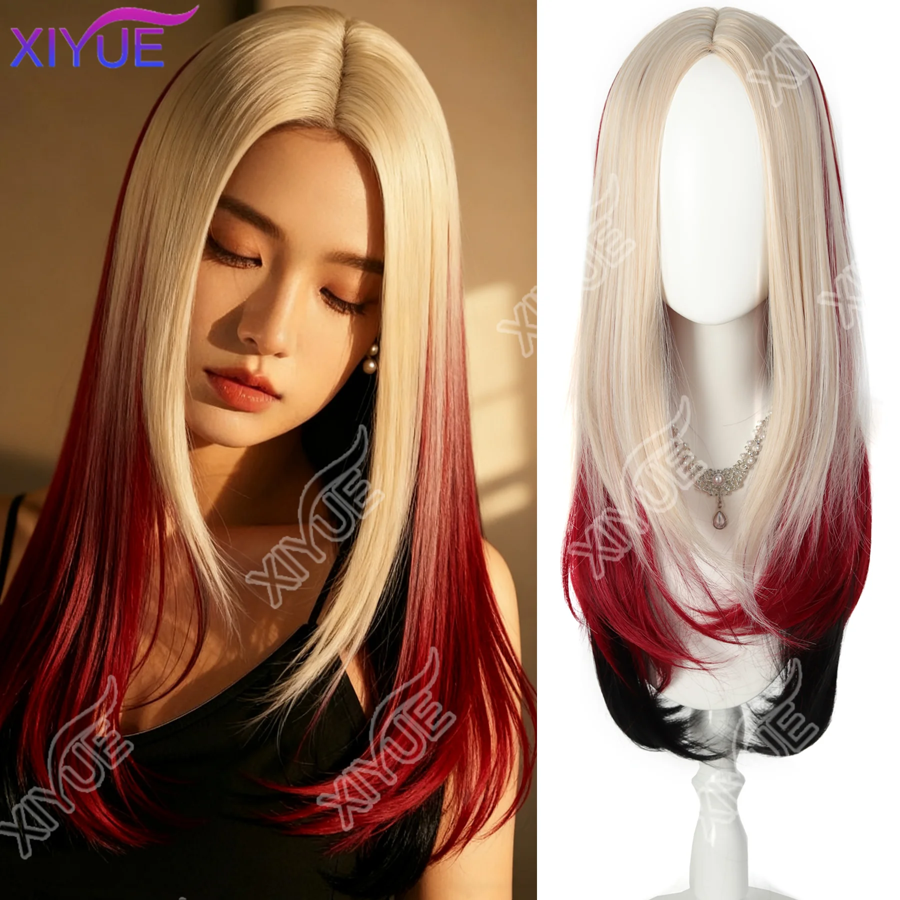 

XIYUE синтетический для женщин длинные прямые волосы натуральный черный красный коричневый серый парик с термостойкой модный натуральный повседневный парик для вечеринок