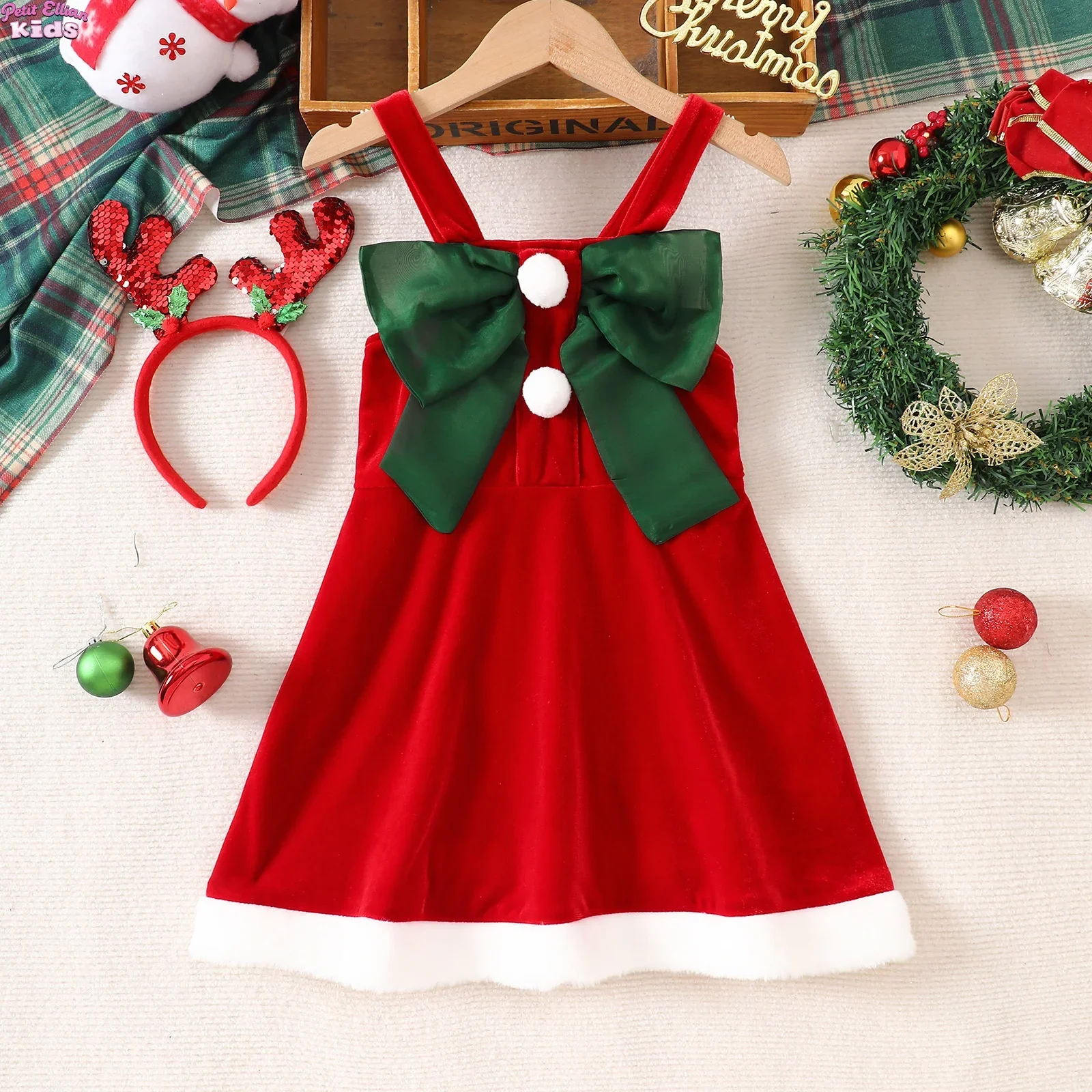 

Kids Girl Christmas Dress Set 1-6Y Princess Costume Girls Cotton Dress with Color Block Bow and Headband Festive Party Outfit