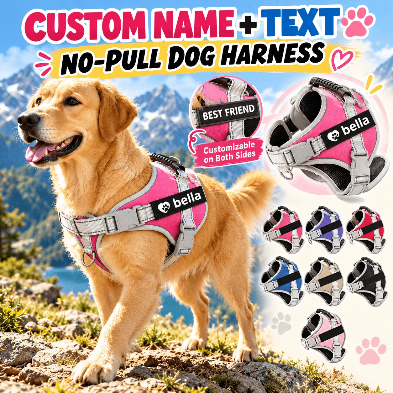 Personalized Reflective Dog Harness with Name, Double Hook-and-Loop Fasteners Adjustable Anti-Pull Pet Vest Easy to Put On
