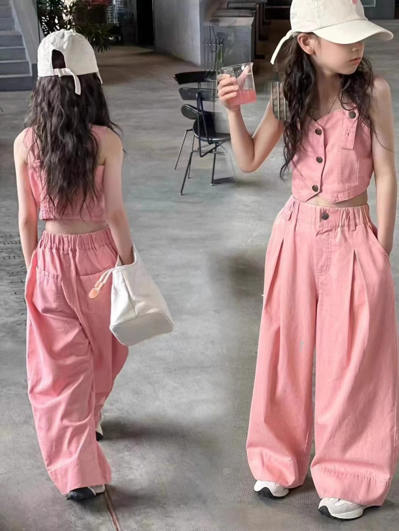 Girls Summer Denim Set – Pink Sleeveless Vest & Wide Leg Pants, Fashionable Casual Outfit for Kids