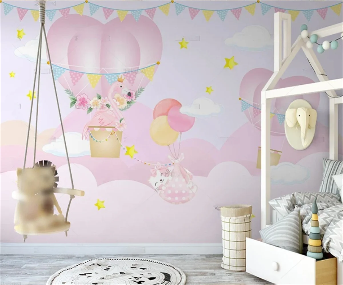 Customized cartoon wallpaper Nordic cute animal airplane starry sky Pink hot air balloon children's room background 3d wallpaper