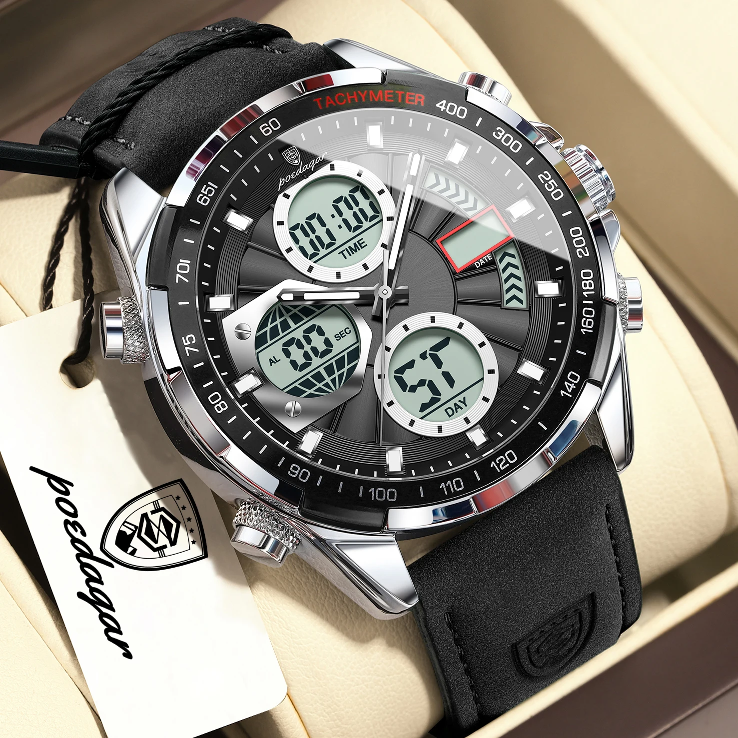 POEDAGAR Top Military Men Watch Week Date Electronic LED Quartz Man Clock Alarm Dual Time Luminous Fashion Digital Men's Watches