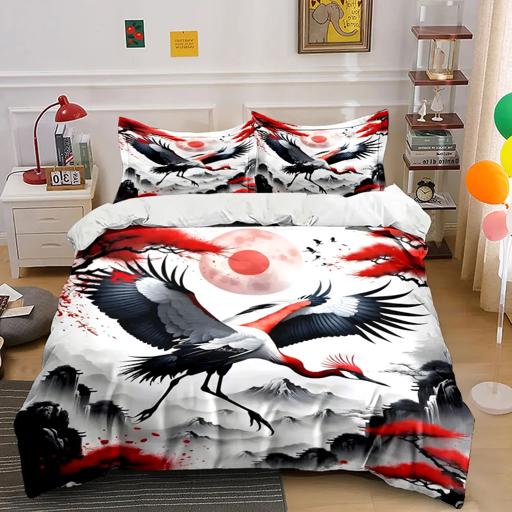Red Crane Flying Under Crimson Moon Print Soft Comfortable Duvet Cover Bedding Set Included 1*Duvet Cover 2*Pillowcases