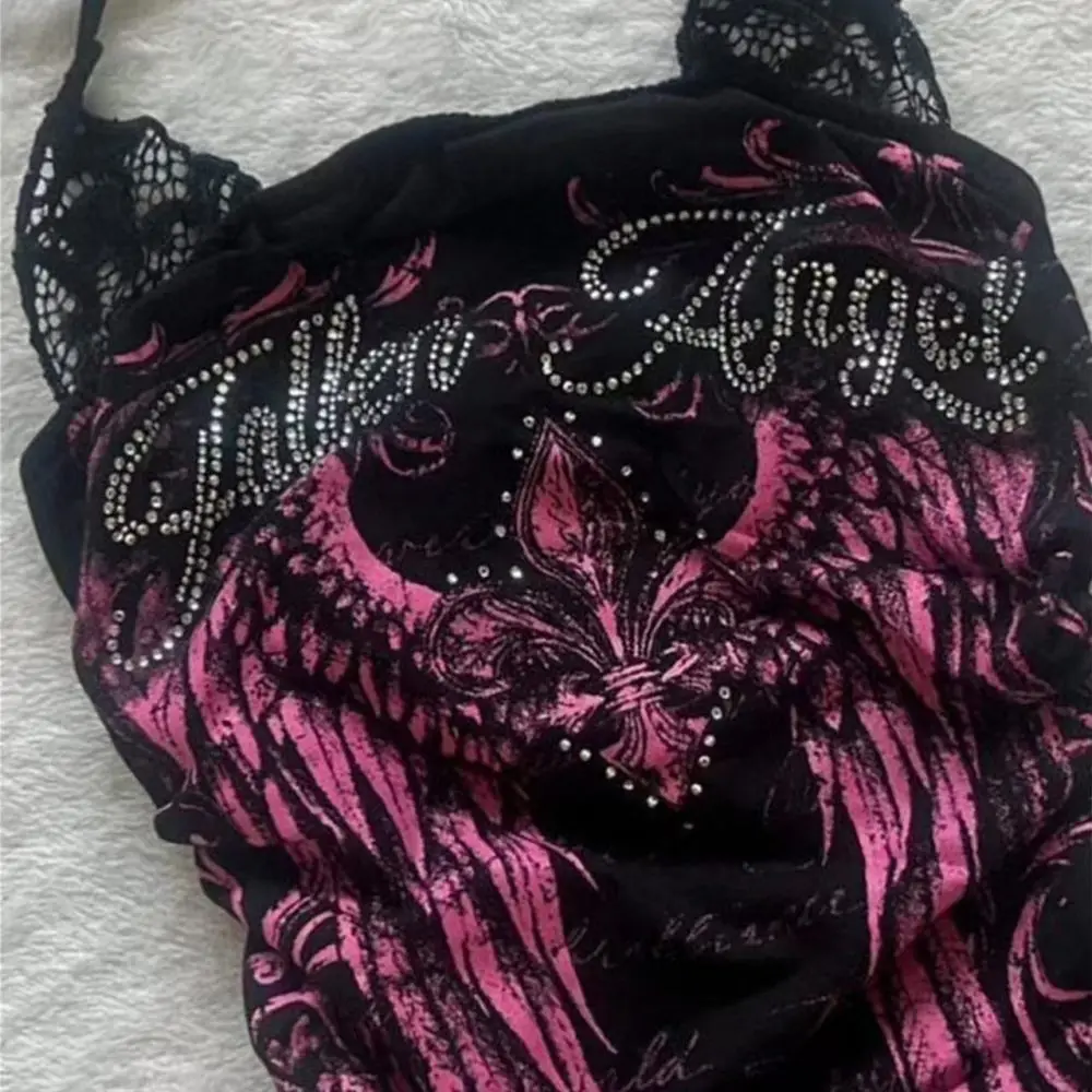 Women Gothic Halter Camisole Vintage Thorn Wing Print Lace Patchwork Sleeveless Top Retro Dark Aesthetic Summer Streetwear